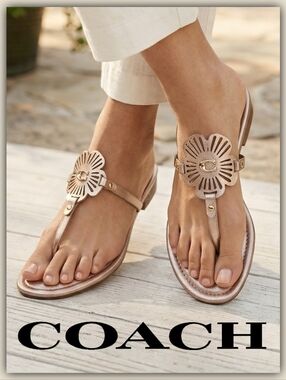 Coach Rose Gold Leather Floral Thong Sandals